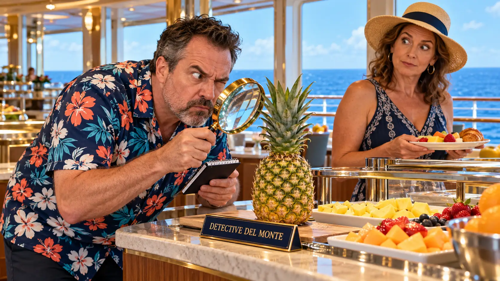 A detective in a trench coat studying a pineapple on a breakfast plate as if it were evidence.