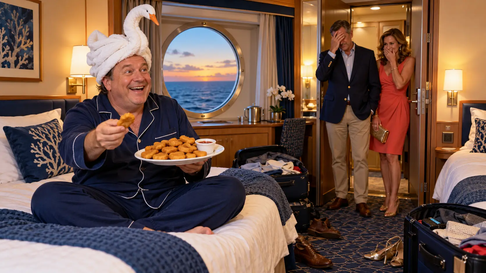 A cruise cabin with open suitcases, a towel swan and a plate of chicken nuggets on the bed.